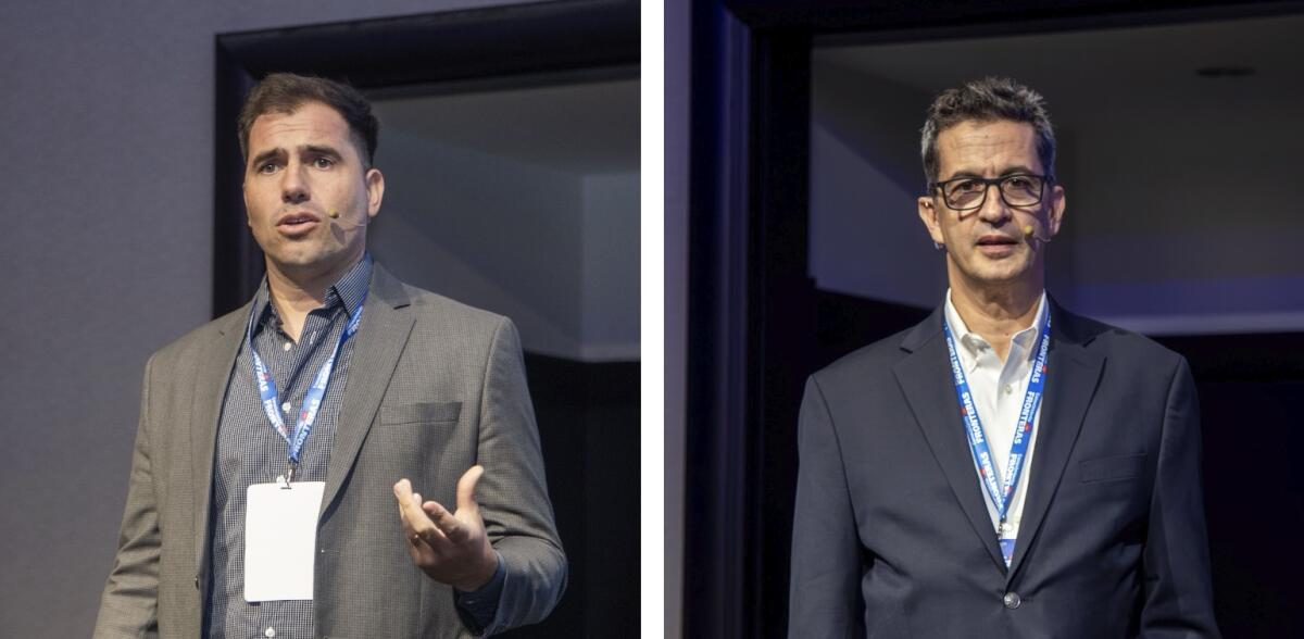 Santiago Lovera and José Juan Bruzual speaking at Knowledge Without Borders in Peru