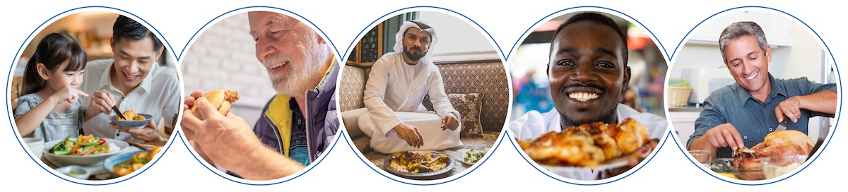 Graphic with 5 circles of people from many cultures eating chicken dishes